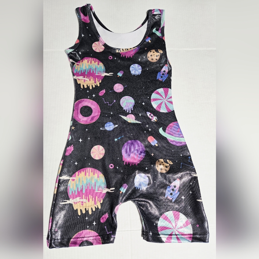 Black Sleeveless Outer Space Sweets Leotard shorts Gymnastics 150 11/12